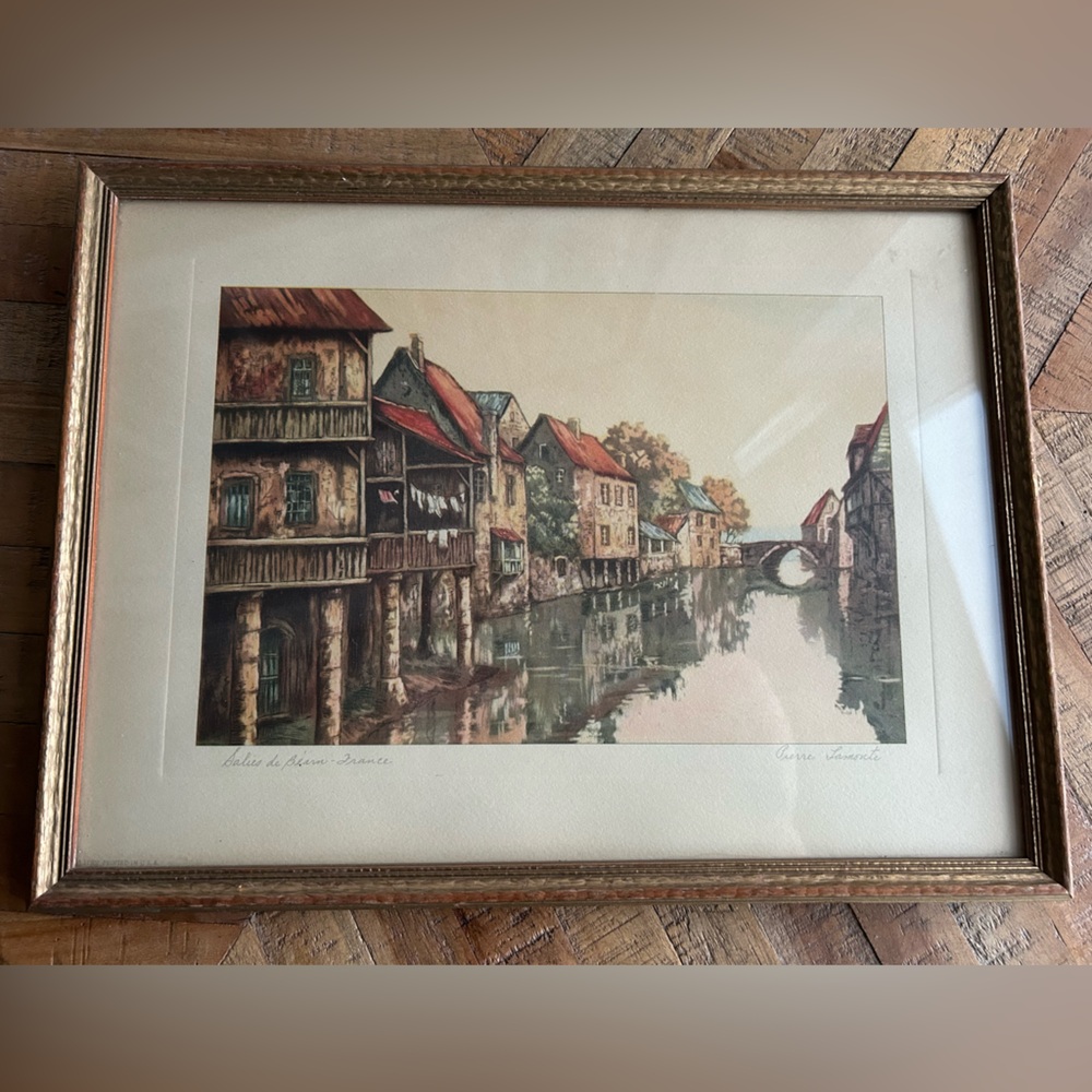 Vintage framed lithograph print of Salies-de-Béarn, France, by Pierre Lamonte.